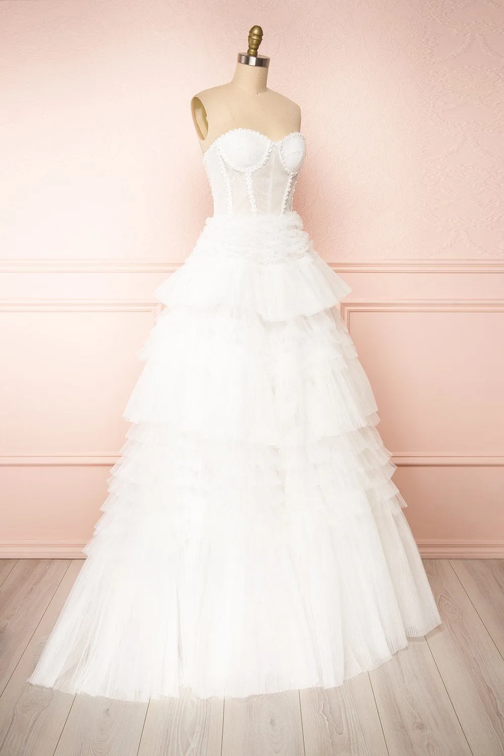 Aristee White | Bustier Layered Tulle Maxi Dress