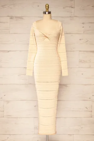 Bangui | Beige Knit Openwork Midi Dress