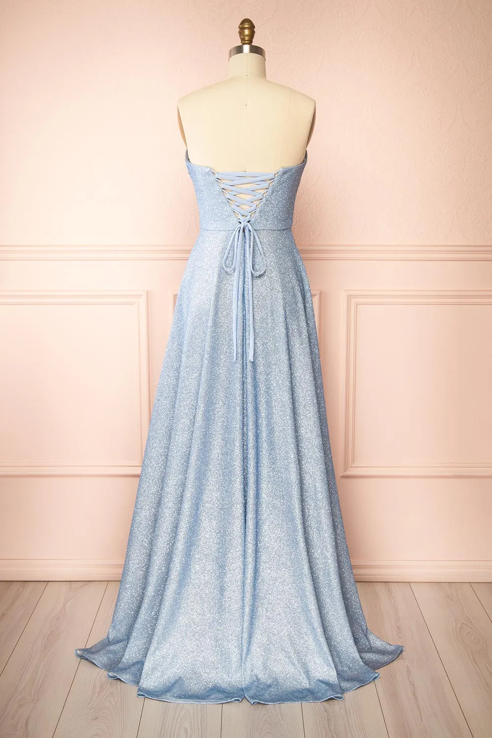 Fitzi Light Blue | Sparkly Strapless Maxi Dress w/ Slit