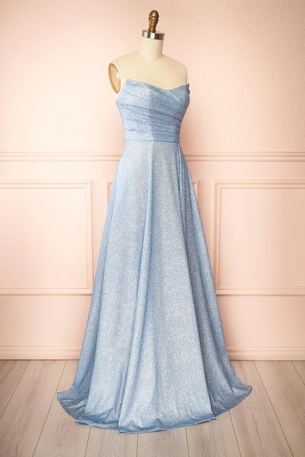 Fitzi Light Blue | Sparkly Strapless Maxi Dress w/ Slit