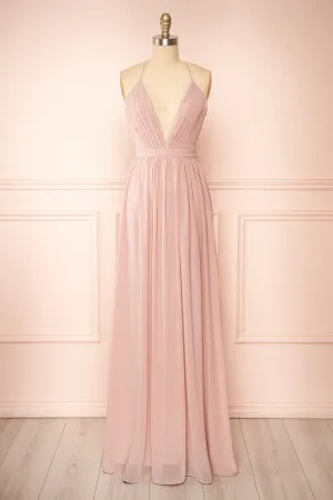 Haley Taupe | Deep V-Neck Chiffon Maxi Dress