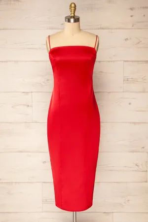 Korina Red | Fitted Satin Midi Dress