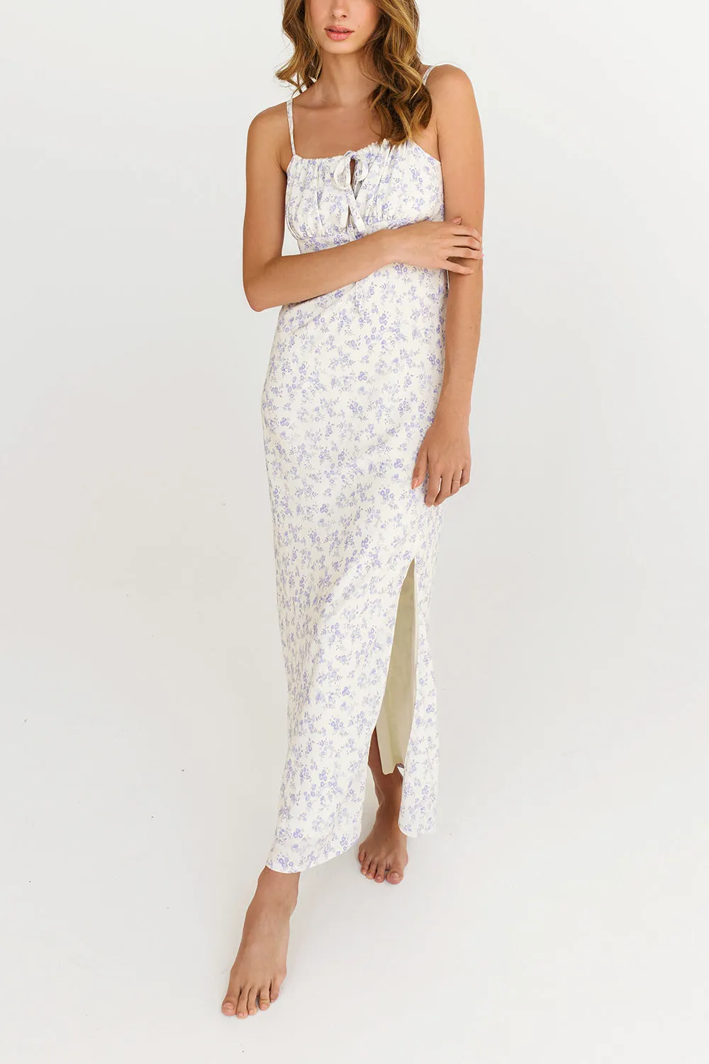 Madelyne Floral Blue | Floral Midi Dress with Slit by Dailystory Montreal