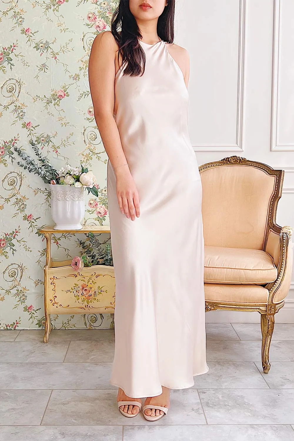 Nairobi Champagne | Satin Maxi Dress w/ Open Back
