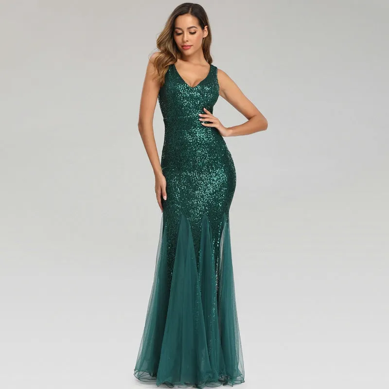 Shimmering V-Neck Sleeveless Sheath Sequined Tulle Maxi Prom/Evening/Formal Dress