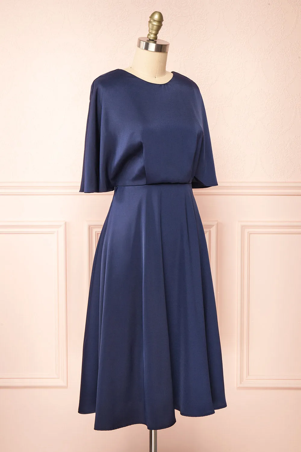 Tordis Navy | Satin Midi Dress w/ Bell Sleeves