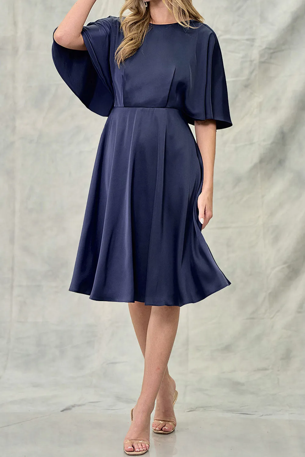 Tordis Navy | Satin Midi Dress w/ Bell Sleeves
