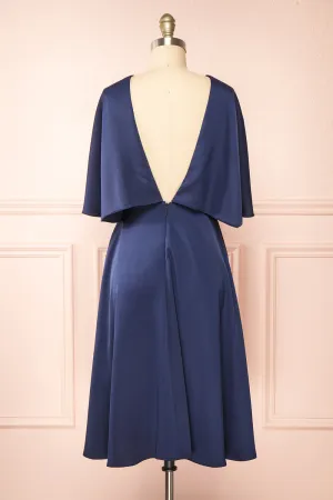 Tordis Navy | Satin Midi Dress w/ Bell Sleeves