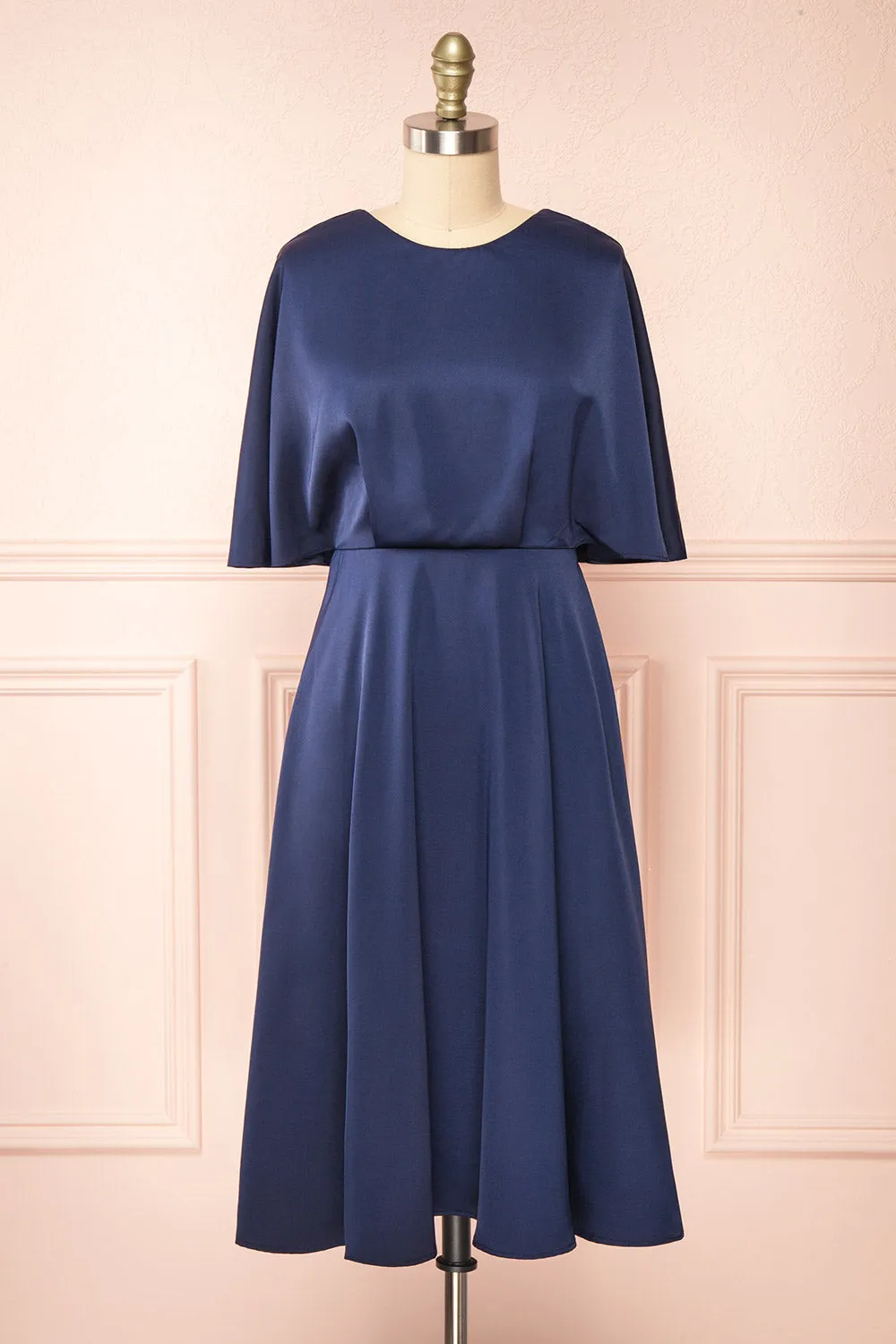 Tordis Navy | Satin Midi Dress w/ Bell Sleeves