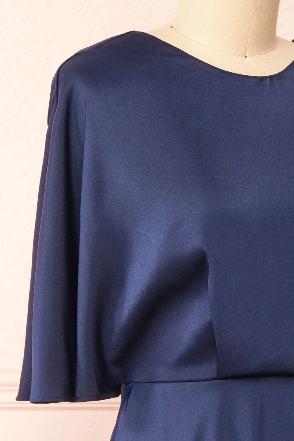 Tordis Navy | Satin Midi Dress w/ Bell Sleeves