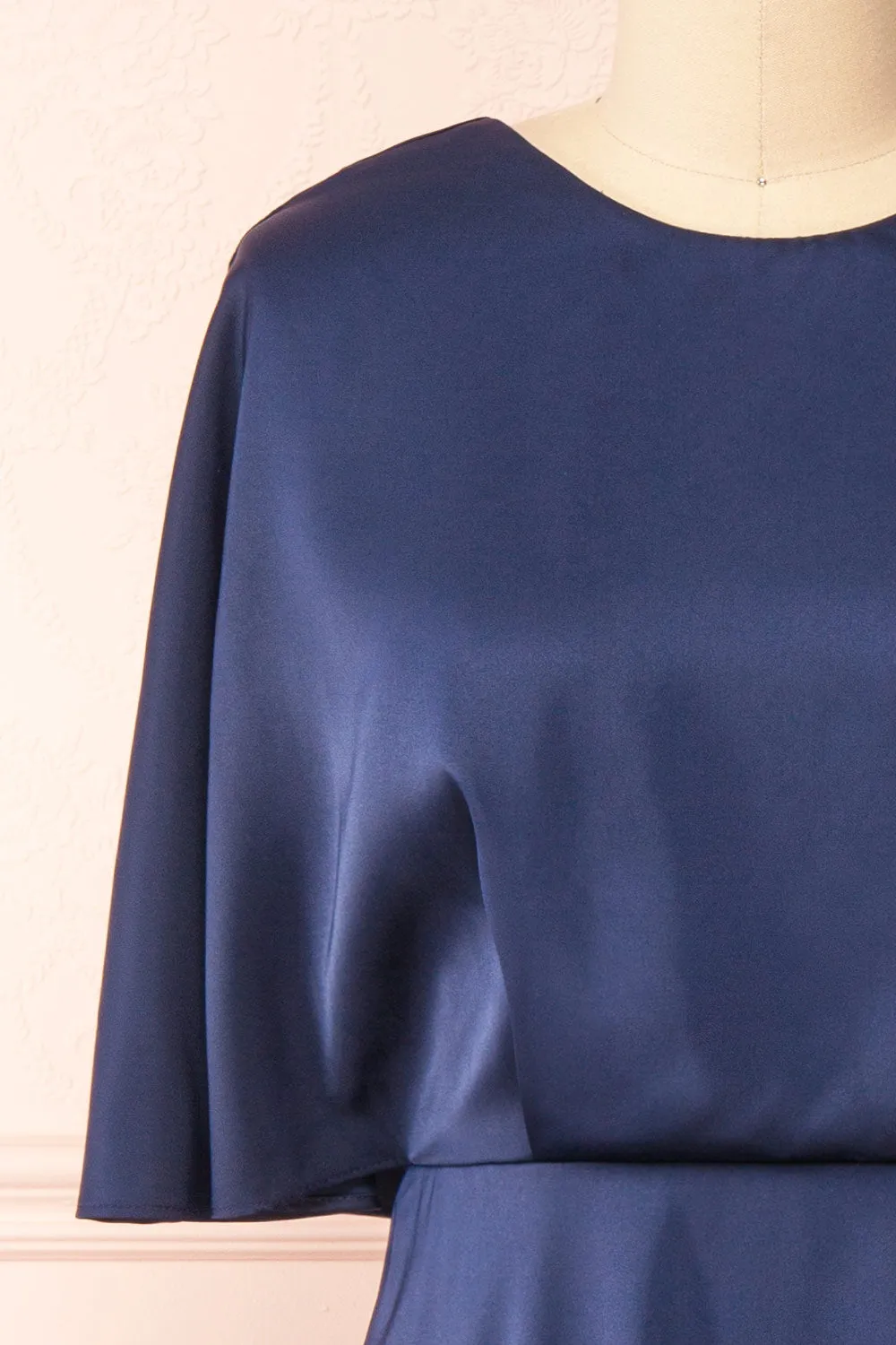 Tordis Navy | Satin Midi Dress w/ Bell Sleeves