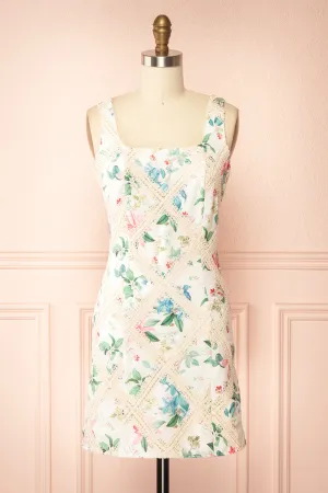 Veraya | Short White Floral Dress w/ Lace Detailing