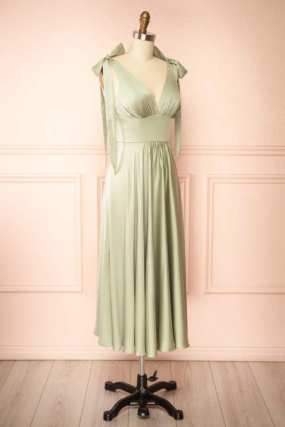 Vida Sage | Satin Midi Dress w/ Tie Straps