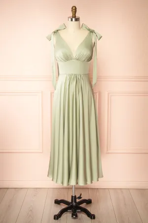 Vida Sage | Satin Midi Dress w/ Tie Straps
