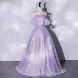 Violet Off-Shoulder Evening Dress  2025 Slim Tulle Gown for Banquets, Weddings, or Hosts