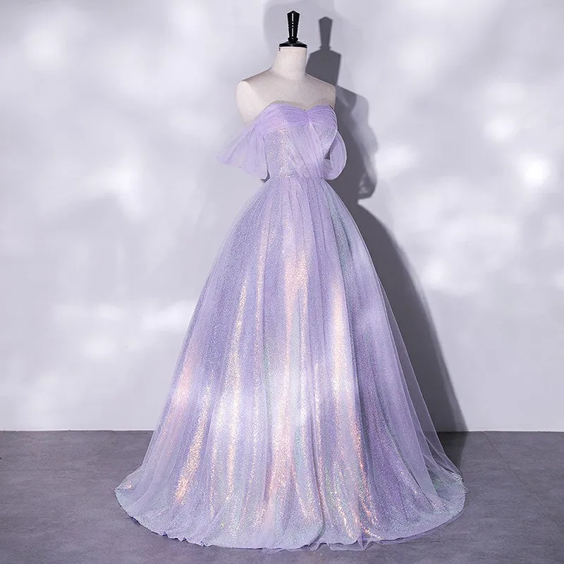 Violet Off-Shoulder Evening Dress  2025 Slim Tulle Gown for Banquets, Weddings, or Hosts