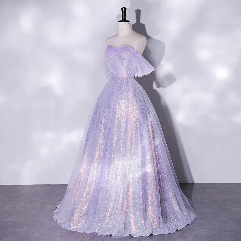 Violet Off-Shoulder Evening Dress  2025 Slim Tulle Gown for Banquets, Weddings, or Hosts