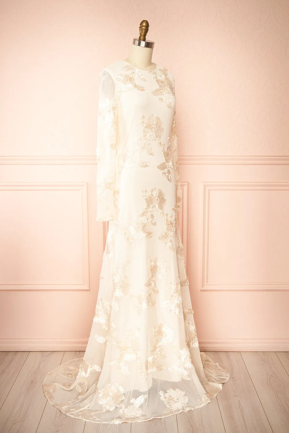 Zastra | Cream Mesh Bridal Dress w/ Floral Embroidery