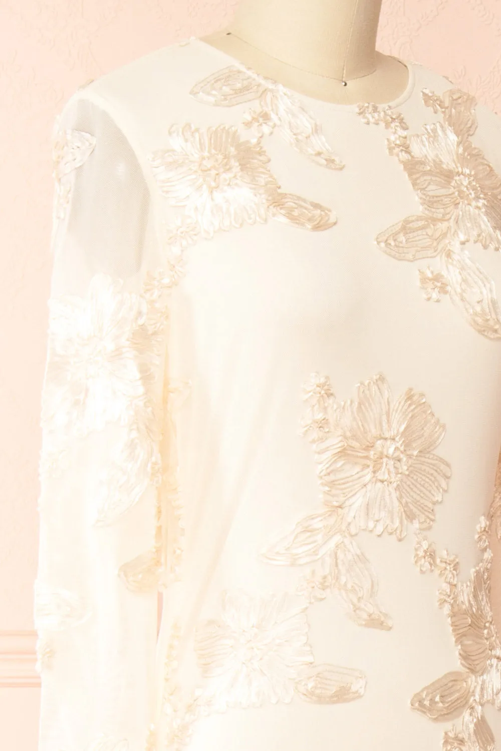 Zastra | Cream Mesh Bridal Dress w/ Floral Embroidery