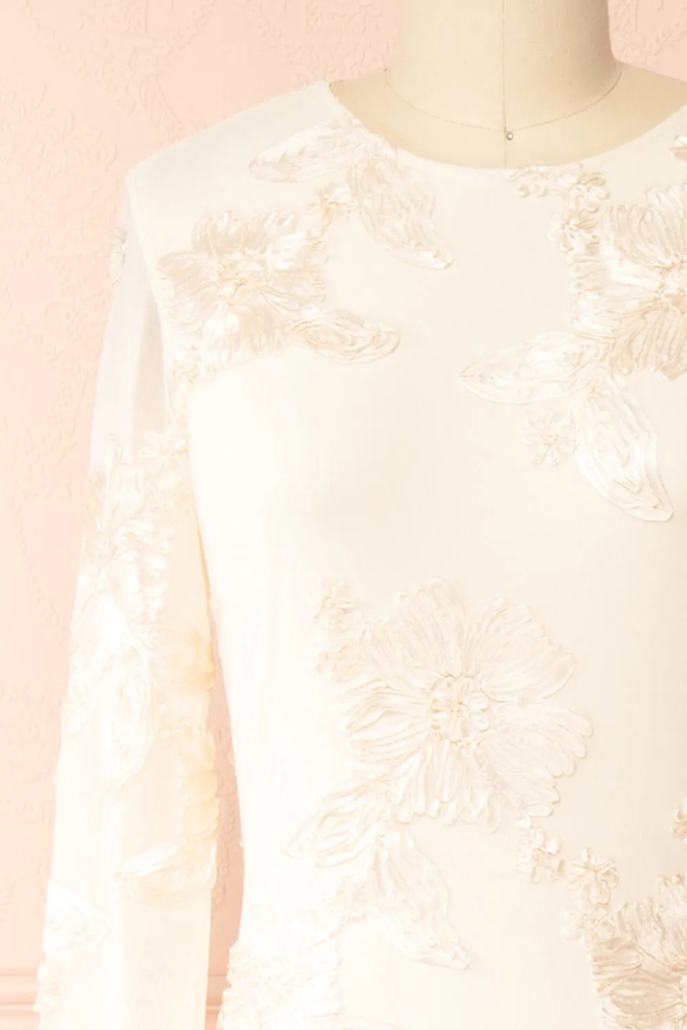 Zastra | Cream Mesh Bridal Dress w/ Floral Embroidery