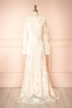 Zastra | Cream Mesh Bridal Dress w/ Floral Embroidery