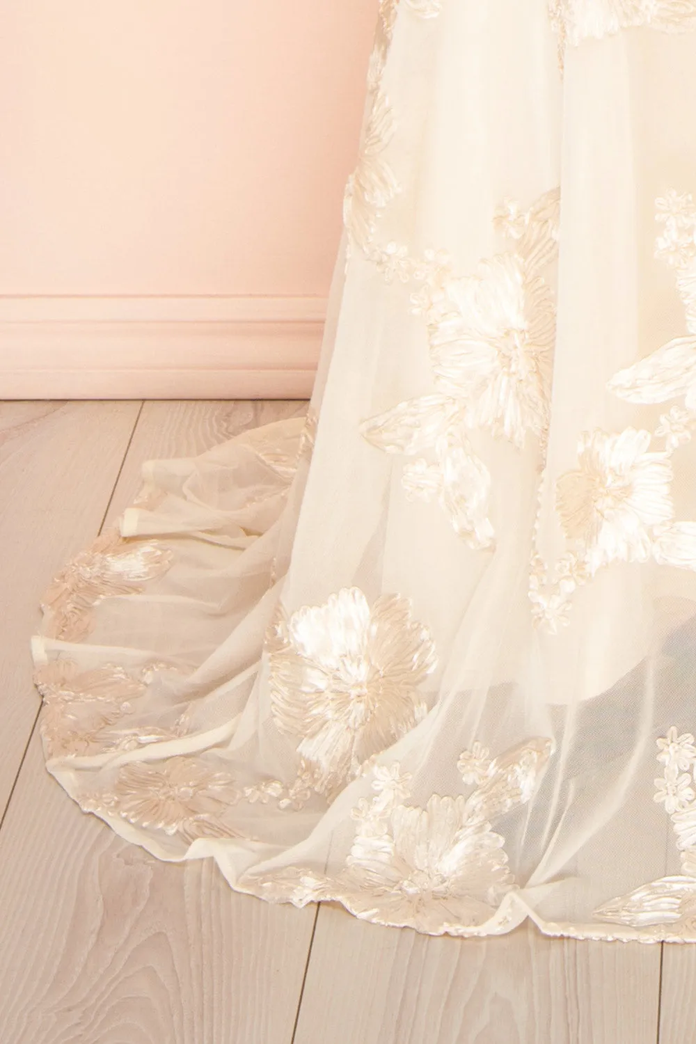 Zastra | Cream Mesh Bridal Dress w/ Floral Embroidery