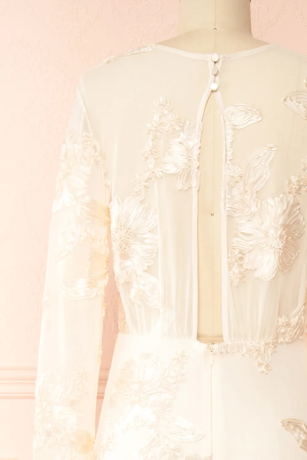 Zastra | Cream Mesh Bridal Dress w/ Floral Embroidery