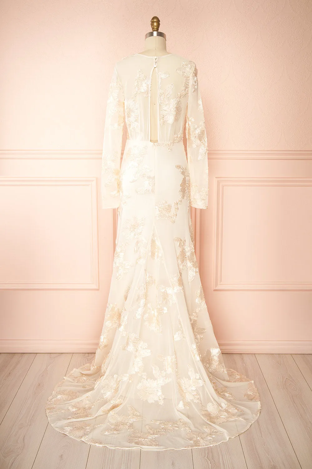 Zastra | Cream Mesh Bridal Dress w/ Floral Embroidery